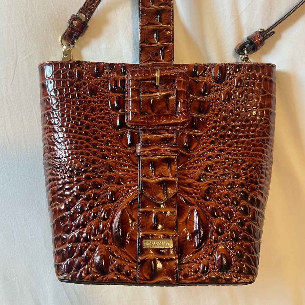 Brahmin Brown Croc Effect Crossbody Bucket Purse Bag w/ Removable Strap